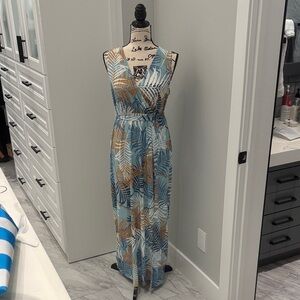 Bloom Blue and Brown Leaf Pattern Maxi Dress